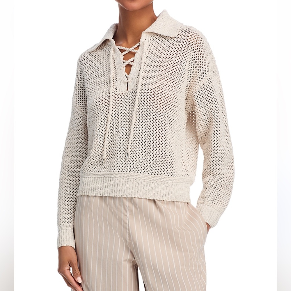 JOIE Cream Metallic Glitter Shimmer Sequins Open Knit Lace Up Sweater Sz XL